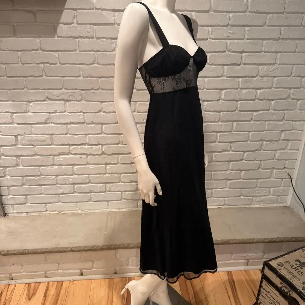DANIELLE BERNSTEIN Black Lace Slip Dress Maxi Sheer Bust Lingerie Style Vintage